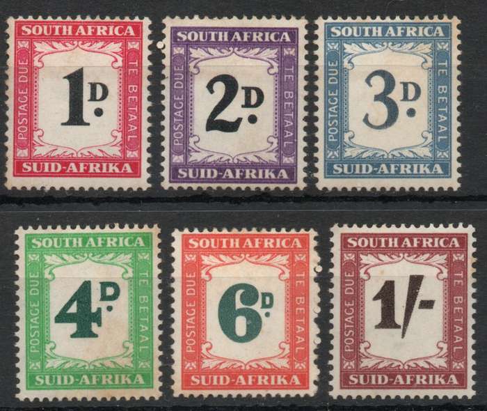 South Africa 1950-58 Postage Due set of 6 mounted mint toned backs. SACC 38-43. Cat R651 (2023-25)