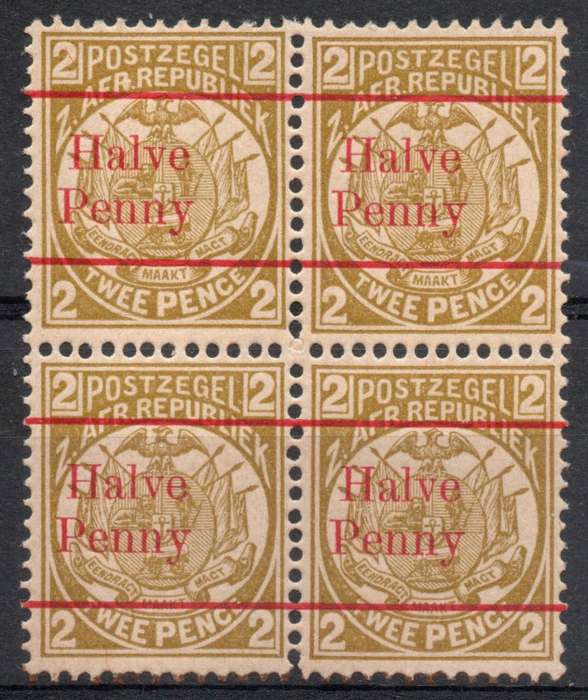 Transvaal 1893 Surcharged ½d on 2d (surch red) block of 4 unmounted mint. SACC 200. Cat R180 (2025)