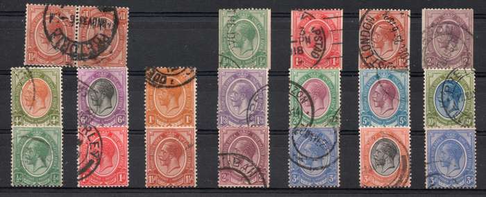 South Africa 1913 KGV short set of 14, coil set of 4 & 1½d tête-bêche pr used. SACC 2-15, 4b & 17-20