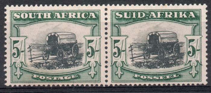 South Africa 1933-48 Hyphenated pictorial 5/- pr umm with varieties. SACC 62. Cat R3500. (2025)