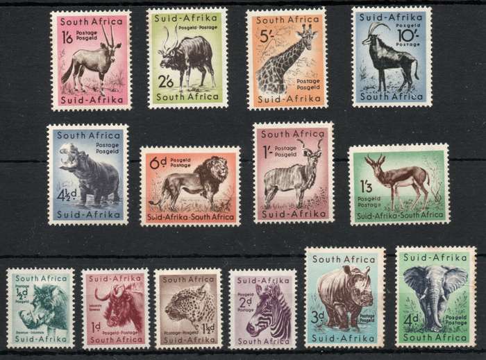 South Africa 1954 Animal Definitive set of 14 mounted mint some toned backs. SACC 150-63. Cat R972