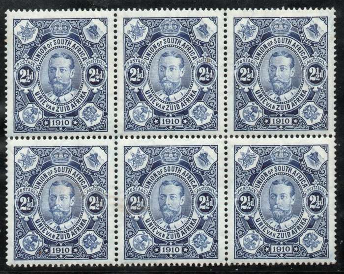 South Africa 1910 Opening of Union Parliament 2½d blue white gum block of 6 umm. SACC 1a. Cat R540+