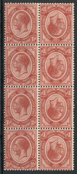 South Africa 1913 KGV Definitive 1½d tête-bêche block of 4 pairs umm. SACC 4b. Cat R800 (2023-25)