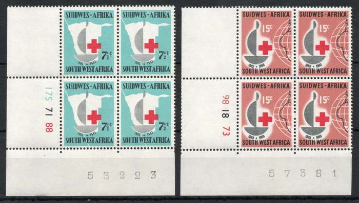 South West Africa 1963 Red Cross Centenary set of 2 in control blocks of 4 umm. SACC 222-3 Cat R1650