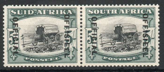 South Africa 1940 Official 5/- black & myrtle green pair lightly mtd mint. SACC 35. Cat R2400 as umm