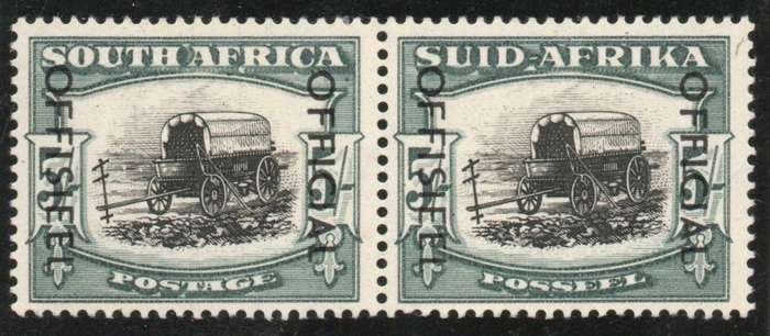South Africa 1950-54 Official 5/- black & bluish green pair lmm. SACC 48. Cat R3500 as umm
