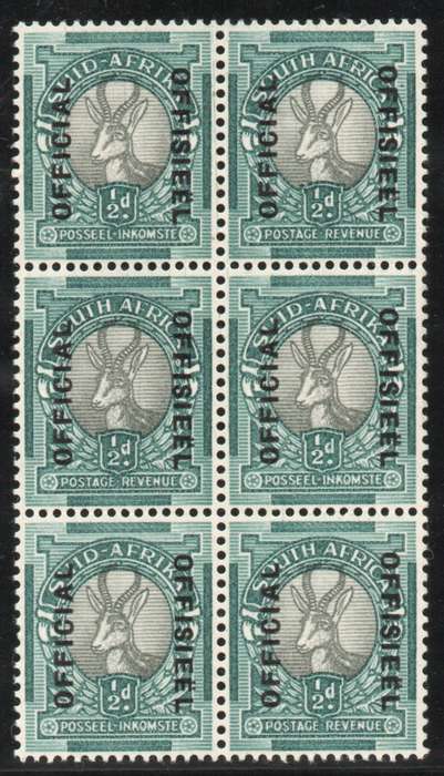 South Africa 1944 Official ½d block of 6 unmounted mint. SACC 37. Cat R2400 (2025)