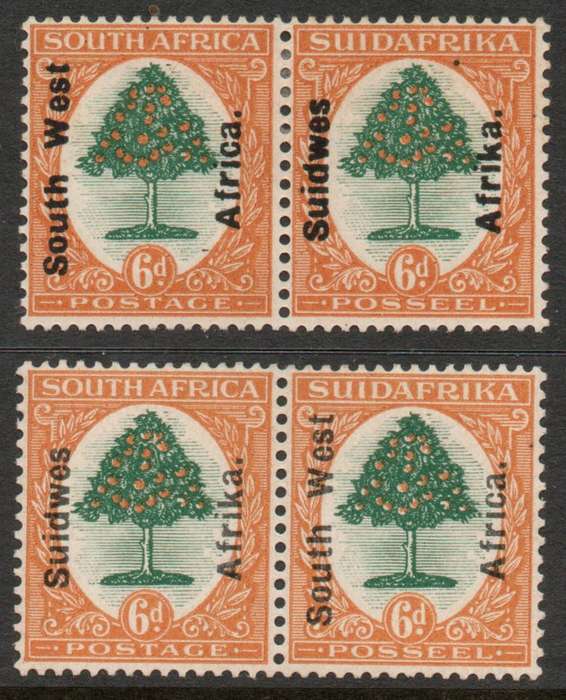 South West Africa 1926 & 1927 Definitives 6d 2 x pairs mounted mint. SACC 66 & 69. Cat R630 (2025)