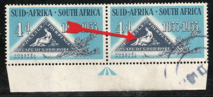 South Africa 1953 Cent of first Cape Triangular 4d broken knee var vfu.  SACC 144a. Cat R100+ (2025)