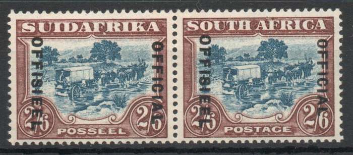 South Africa 1930-47 Official 2/6d blue & brown pair lightly mtd mint. SACC 20c. Cat R800. (2025)