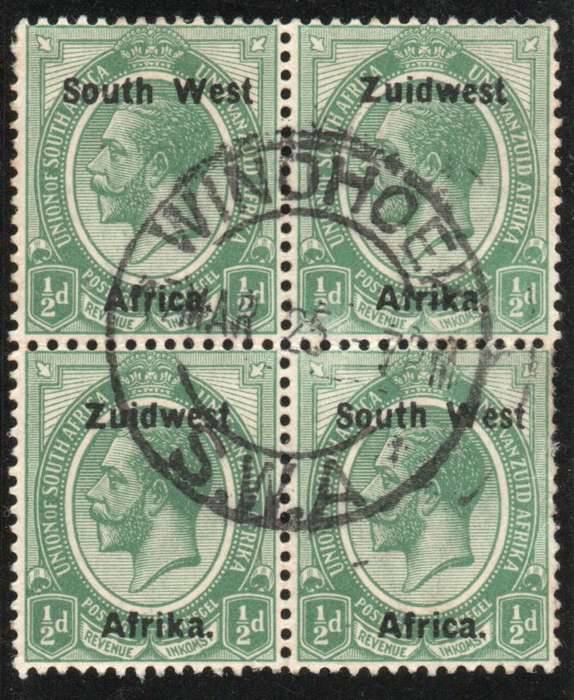 South West Africa 1923 KGV ½d block of 4 fine used but some split perfs. SACC 26. Cat R460 (2023-25)