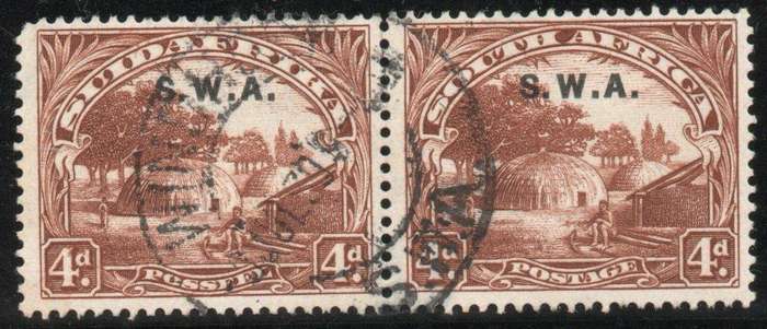 South West Africa 1927-30 Definitive 4d pair Group II perf up used fault. SACC 85a. Cat R1000 (2025)