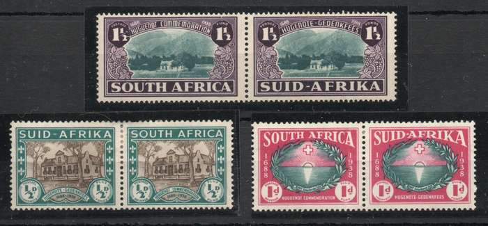 South Africa 1939 250th Anniv of Huguenot landing in SA set of 3 pairs mint SACC 81-3. Cat R 1100.