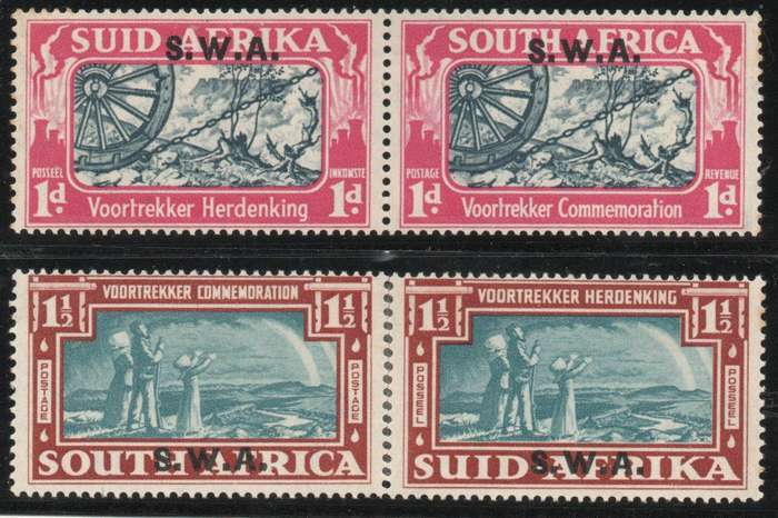 South West Africa 1938 Voortrekker Commemoration set of 2 pairs mm faults. SACC 136-137. Cat R750