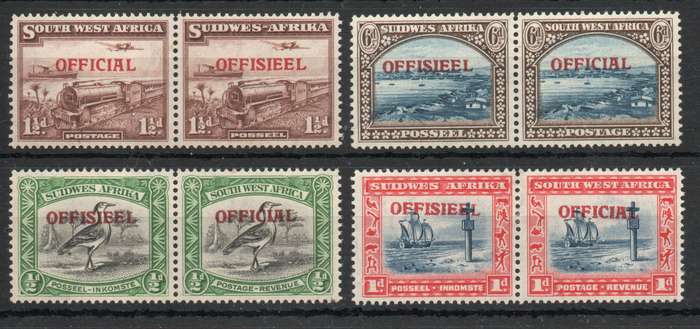 South West Africa 1945-50 Officials set of 4 prs mounted (1d) & umm. SACC 18-20 & 22 Cat R1400(2025)