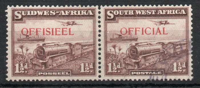 South West Africa 1938 Official 1½d purple-brown pair very fine used. SACC 17. Cat R650 (2025)