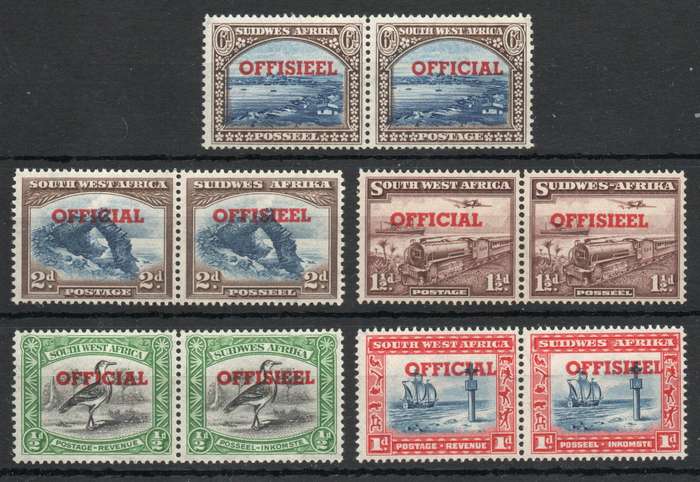 South West Africa 1951 Official set of 5 pairs unmounted mint. SACC 23-27. Cat R860 (2025)