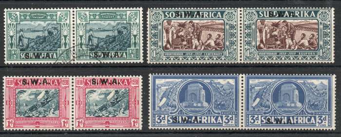 South West Africa 1938 Voortrekker Cent Fund set of 4 pairs vfu & mm. SACC 132-135. Cat R2470 (2025)