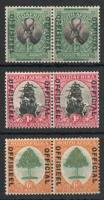 South Africa 1929 Officials set of 3 pairs mixed umm & mm. SACC 8-10. Cat R215 (2025)