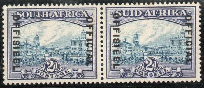South Africa 1935-50 Official 2d blue & violet pair lightly mounted mint. SACC 28. Cat R3000 for umm