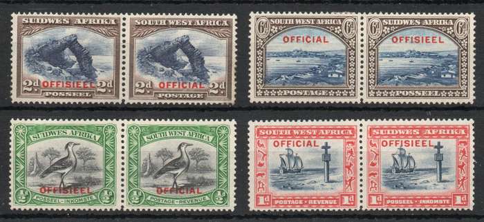 South West Africa 1931 Official set of 4 pairs lightly mounted mint. SACC 13-16. Cat R260 (2025)