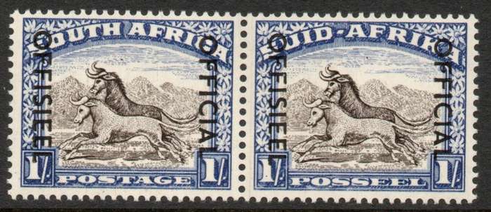 South Africa 1950-54 Official 1/- pair blackish brown & ultramarine lmm. SACC 46a. Cat R3000 as umm.