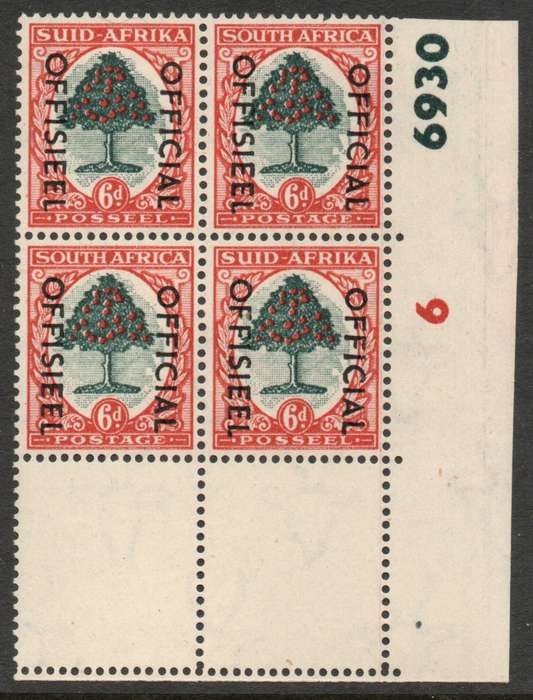 South Africa 1950-54 Officials 6d control block of 4 mounted & unmtd mint. SACC 45a.