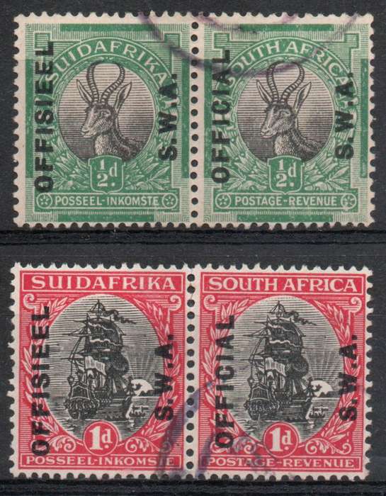 South West Africa 1929 Officials ½d & 1d pairs very fine used. SACC 9-10. Cat R300 (2025)