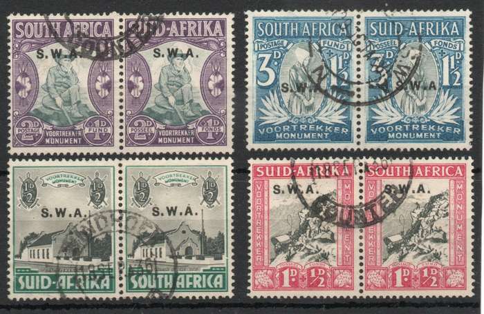 South West Africa 1935-36 Voortrekker Monument Fund set 4 pairs vfu. SACC 119-122b. Cat R1140 (2025)
