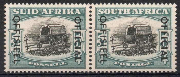 South Africa 1950-54 Official 5/- black & pale blue green pair lmm. SACC 48b. Cat R1400 as umm