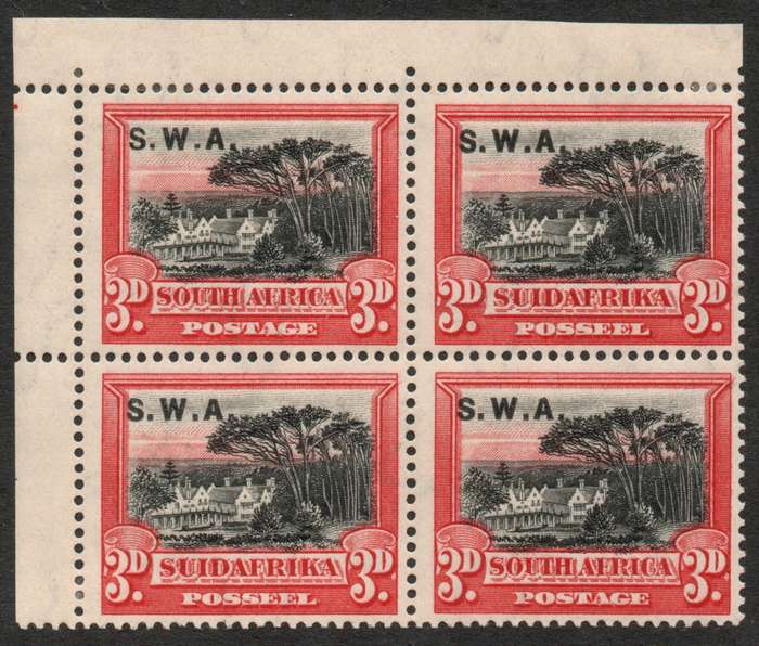 South West Africa 1927-30 Definitive 3d corner block of 4 mounted mint. SACC 84. Cat R400 (2025)