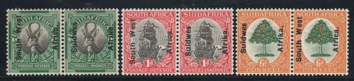 South West Africa 1926 London Pictorials set of 3 pairs mounted mint. SACC 64-66. Cat R570 (2025)