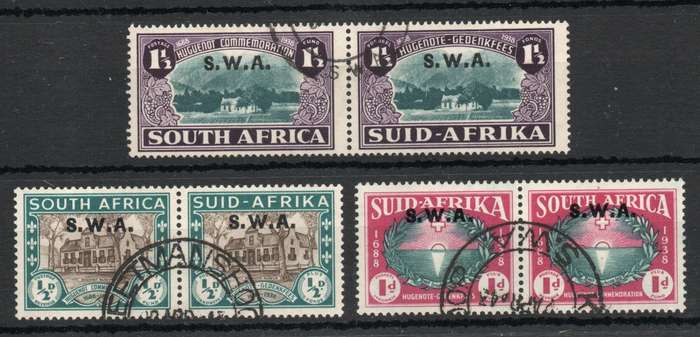 South West Africa 1939 `250th Anniv of Huguenots landing` set of 3 pairs vfu. SACC 138-140. Cat R900