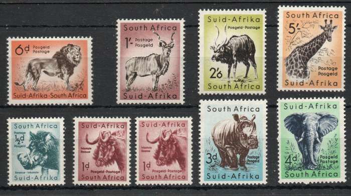 South Africa 1959-61 Animal Definitive set of 8 + extra 1d mounted mint. SACC 169-176. Cat R905.