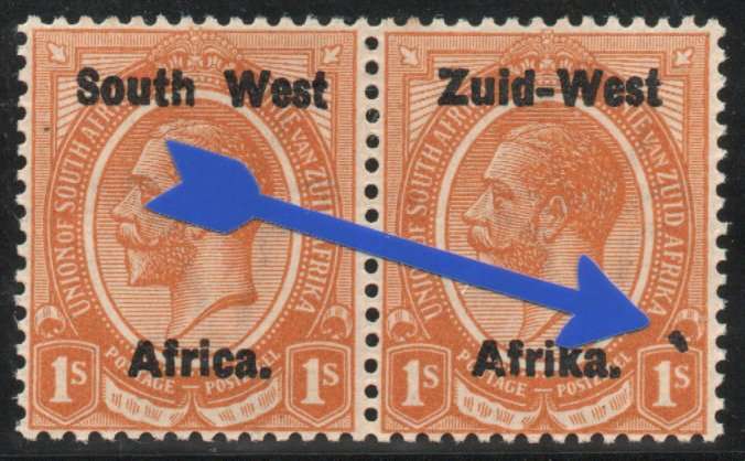 South West Africa 1923 KGV 1/- pair lmm with large black dot variety. SACC 7v. Cat R700+ (2025)
