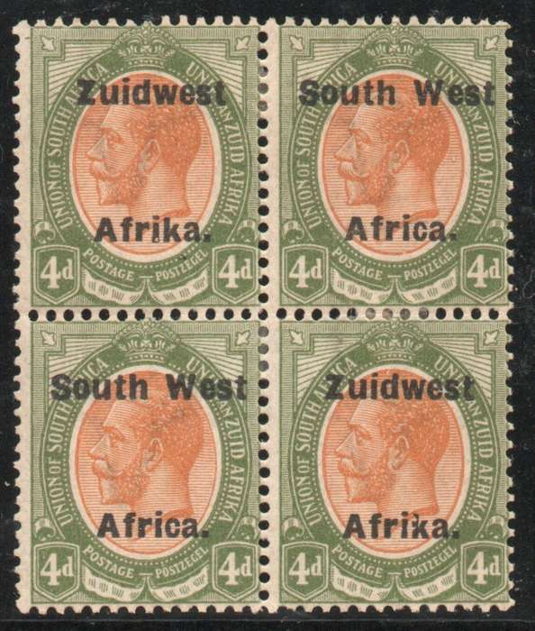 South West Africa 1924-26 KGV 4d block of 4 mounted mint. SACC 44. Cat R400 (2025)