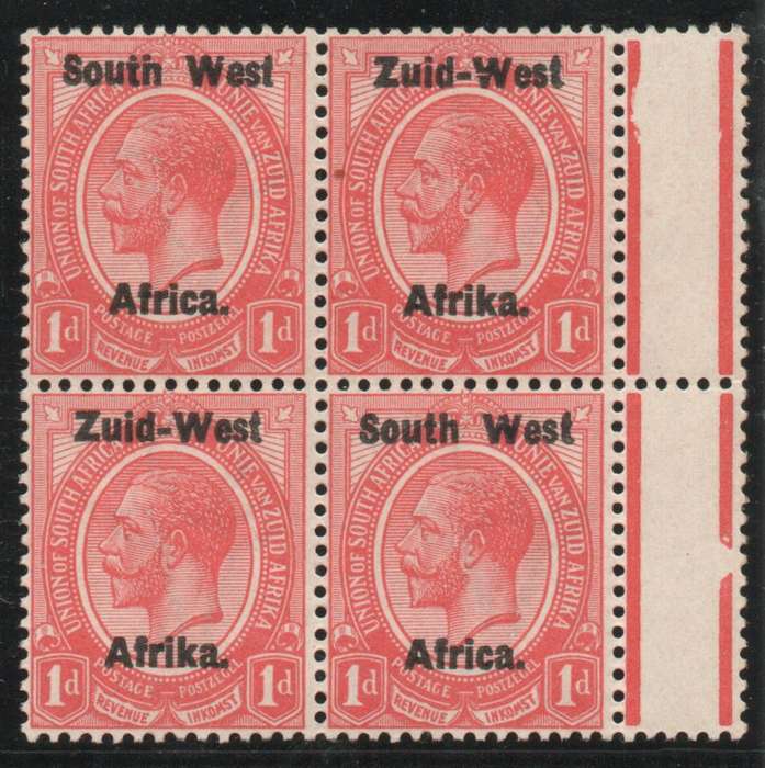 South West Africa 1923 KGV 1d block of 4 umm with broken jubilee line. SACC 2. Cat R440 (2025)