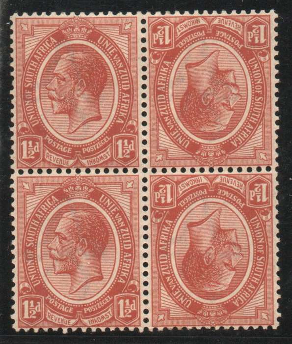 South Africa 1913 KGV Definitive 1½d tête-bêche block of 2 pairs umm. SACC 4b. Cat R160 (2023-25)