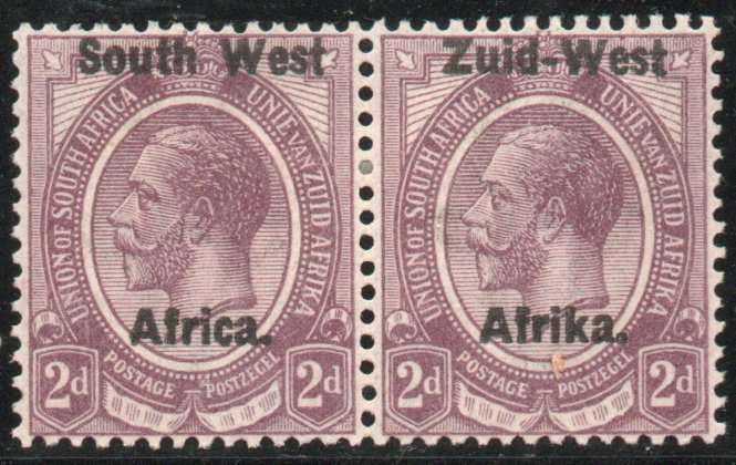 South West Africa 1923 KGV 2d pair lightly mounted mint. SACC 3. Cat R250 (2025)