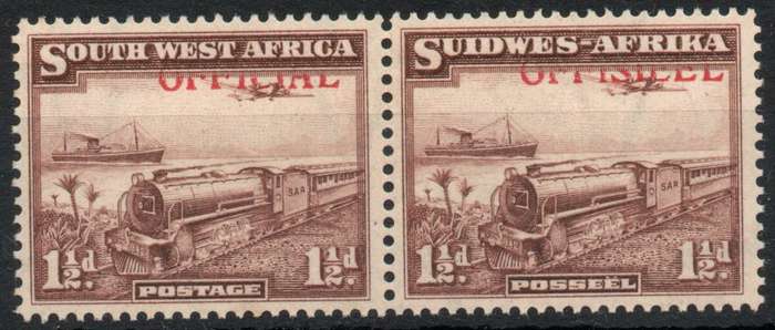 South West Africa 1945-50 Official 1½d pair purple brown mounted mint. SACC 20. Cat R550 (2025)