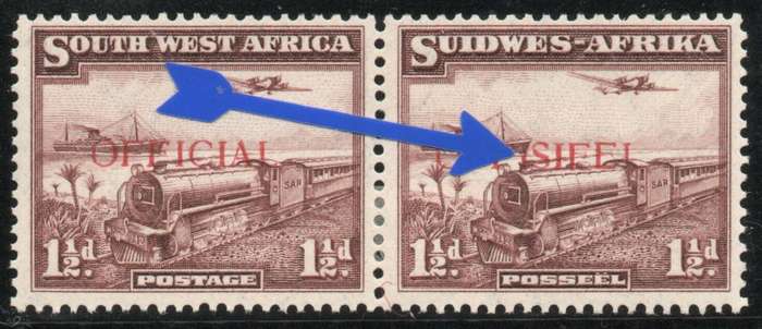 South West Africa 1938 Official 1½d pair purple brown ovpt shifted down lmm SACC 17. Cat R600 (2025)