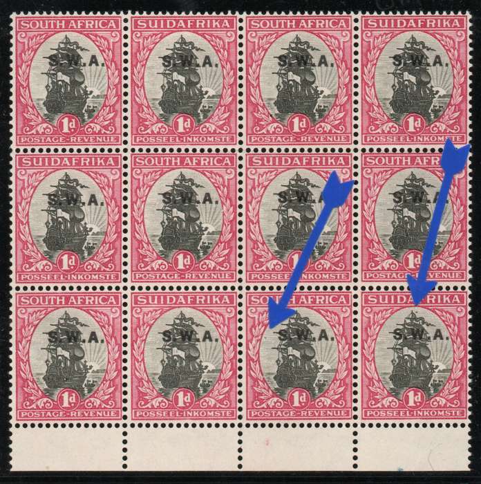 South West Africa 1930 Definitive 1d block of 12 umm with var ovpt shifted up. SACC 94g. Cat R2100