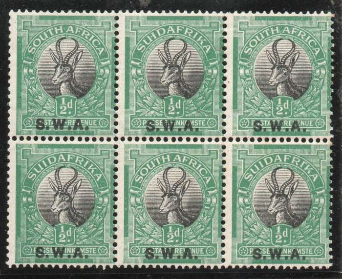 South West Africa 1927-30 London Pictorial ½d block of 6 unmounted mint. SACC 81. Cat R240+ (2025)