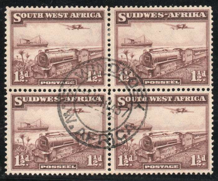 South West Africa 1937 Add value 1½d inscriptional block of 4 used. SACC 123. Cat R140 (2025)