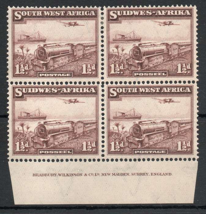 South West Africa 1937 Add value 1½d inscriptional block of 4 mint. SACC 123. Cat R1350 (2025)