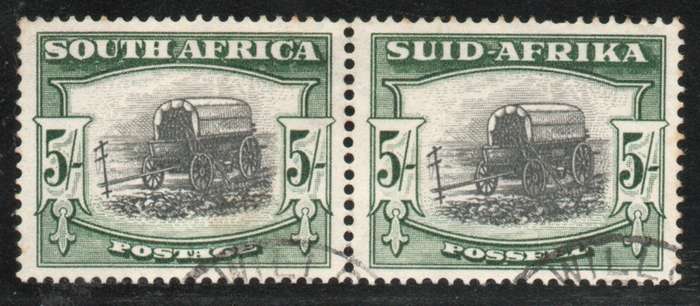 South Africa 1947-54 Screened Pict 5/- black & deep yellow-green pair fine used. SACC 121a Cat R1500