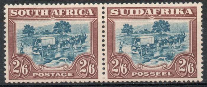 South Africa 1930-45 Definitive 2/6d pair blue & brown lmm. SACC 50a. Cat R250 (2025)