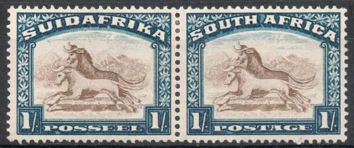 South Africa 1930-45 Defin 1/- pair yellow brown & blue inverted wmk lmm. SACC 49b. Cat R500 (2025)