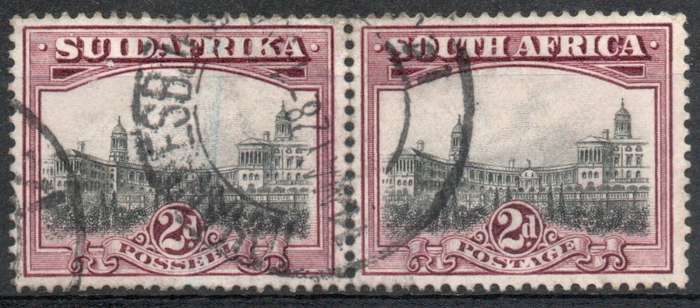 South Africa 1927 London Pictorial 2d pair grey & purple very fine used. SACC 33. Cat R100 (2025)