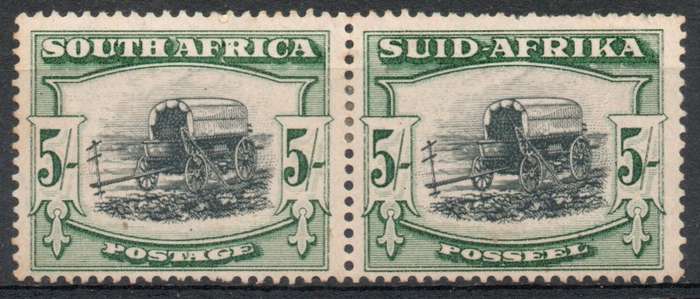 South Africa 1933-48 Definitive 5/- pair black & green inverted wmk mm. SACC 62b. Cat R1700 (2025)